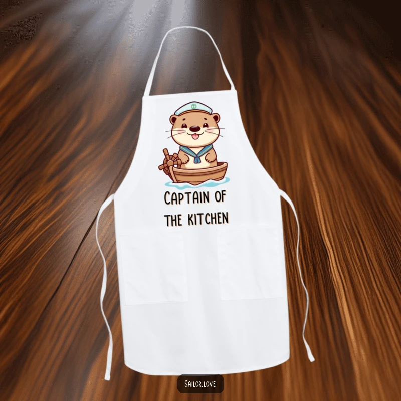 Funny apron with a cheerful otter in a sailor hat, happily steering a small boat, ideal for kitchen fun and nautical themes.