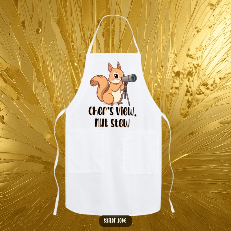 Funny Apron: A curious squirrel uses a telescope to scan the horizon, bringing humorous discovery to the kitchen.