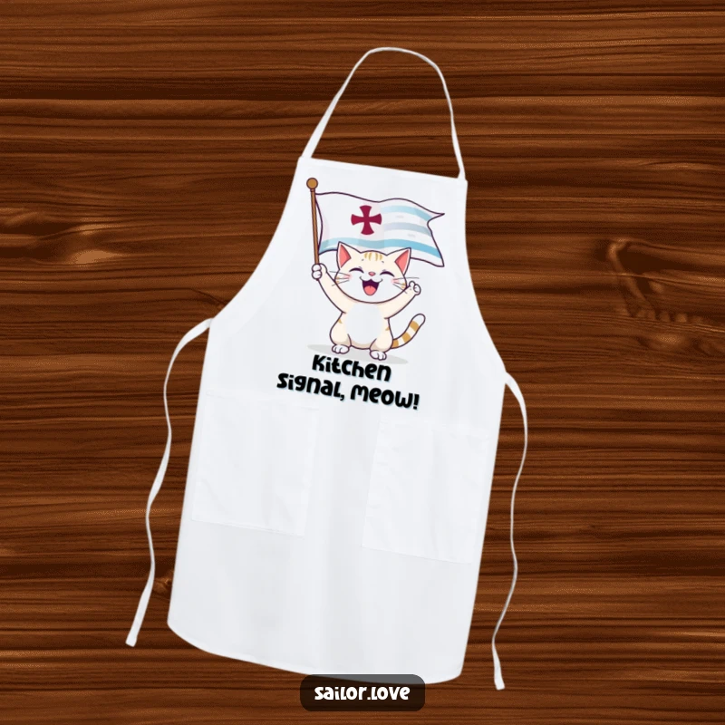 Funny Apron: A happy cat unfurls a nautical flag, bringing humorous charm and protection to the kitchen.
