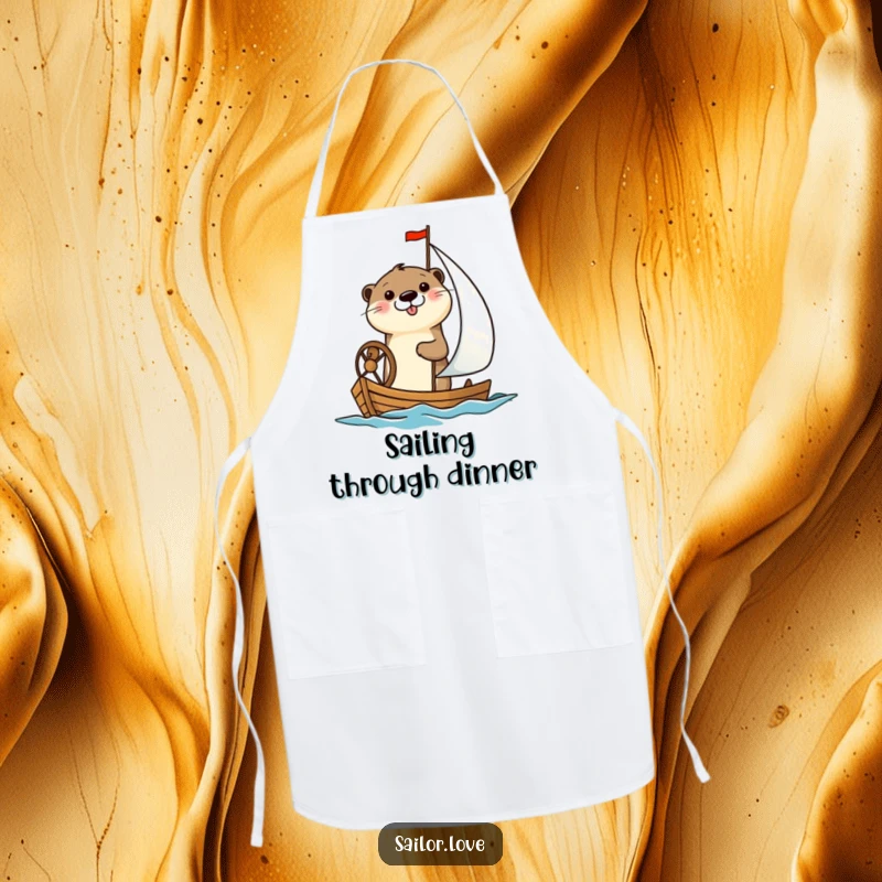 Funny apron featuring a cheerful otter happily steering a small sailboat, ideal for a fun and sea-themed cooking experience.