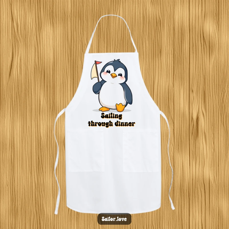 Funny penguin adjusting a tiny sail on an apron, ready to tackle culinary challenges.