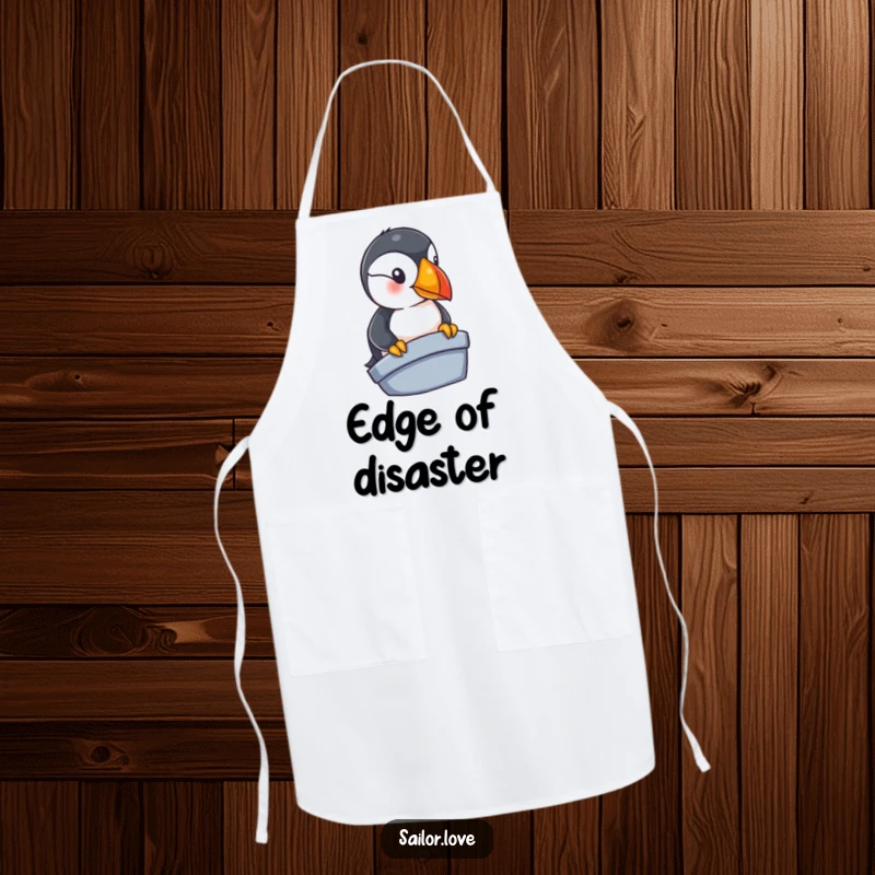 Funny puffin apron showing a curious bird looking over a boat's edge, ideal for nautical-themed kitchens and funny chef apparel.