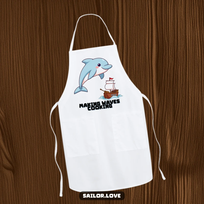 Funny smiling dolphin leaping near a tiny ship on an apron, ready for kitchen fun.