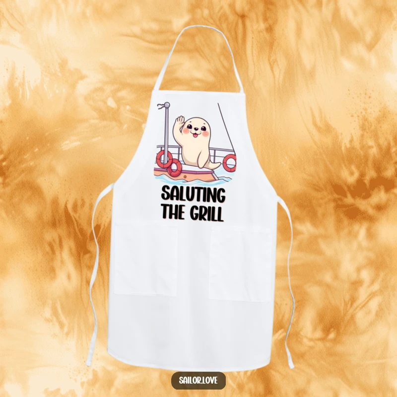 Funny apron featuring a happy seal saluting from the deck of a yacht, ideal for a captain-worthy and humorous cooking experience.