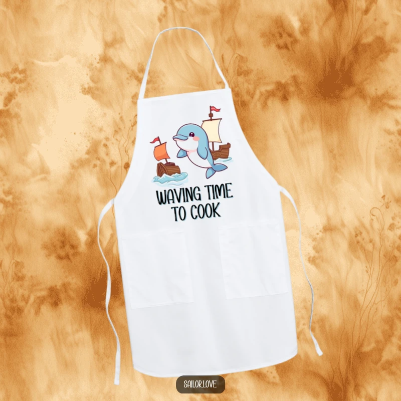 Funny apron with a playful dolphin leaping near a waving flag and a tiny ship, ideal for kitchen fun with a nautical theme.