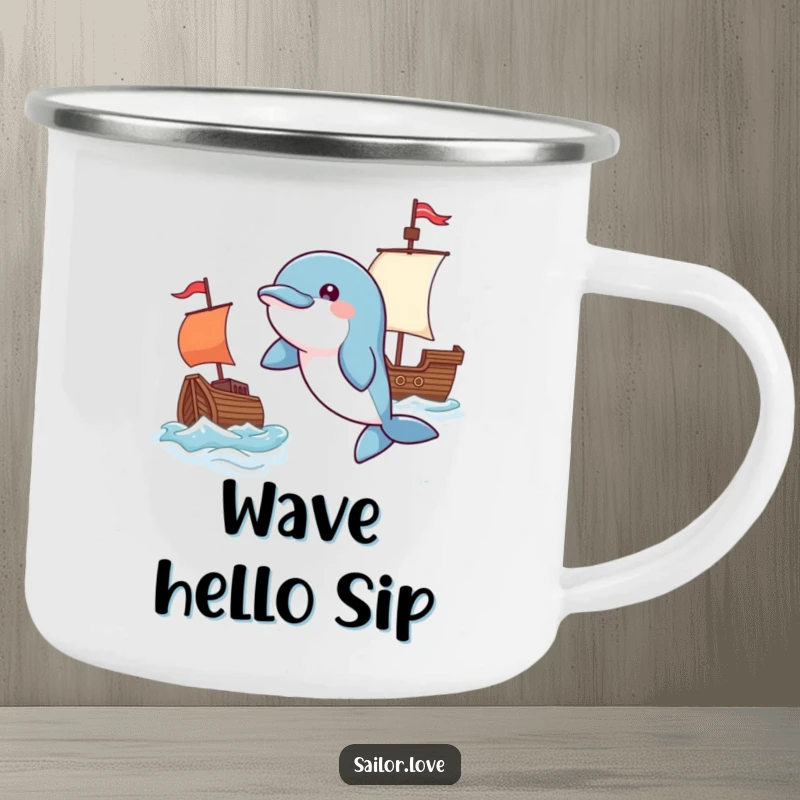 Funny camping mug featuring a playful dolphin leaping near a waving flag and a tiny ship, ideal for outdoor enthusiasts with a smile.