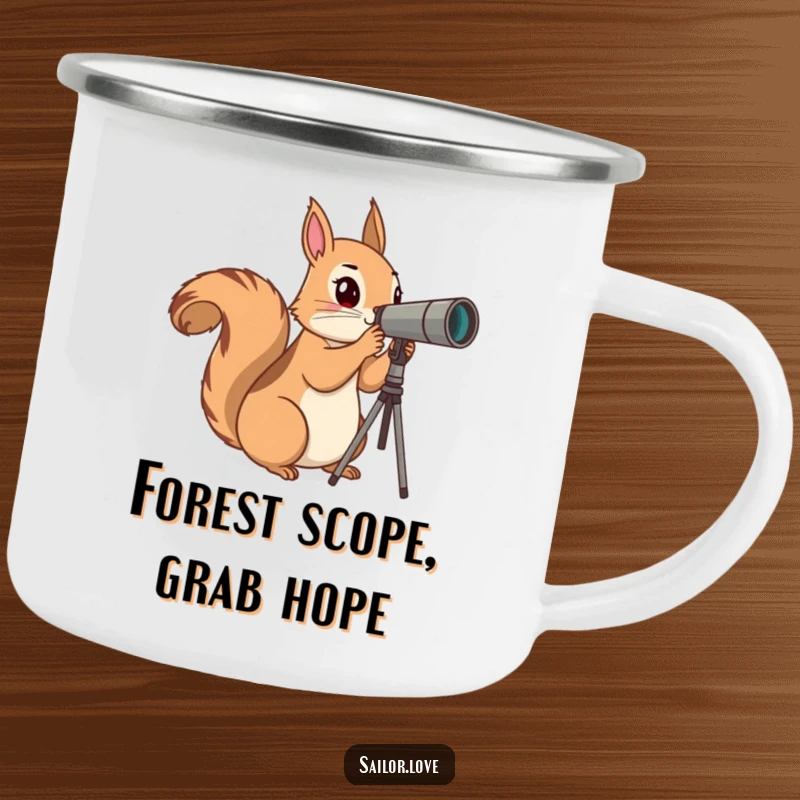 Funny Camping Mug: A curious squirrel uses a telescope to scan the horizon, bringing humor to outdoor brews.