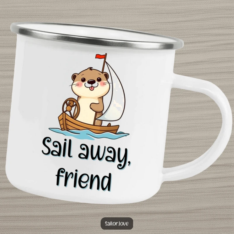 Funny camping mug with a cheerful otter happily steering a small sailboat, designed for adventurous souls who love nautical humor.