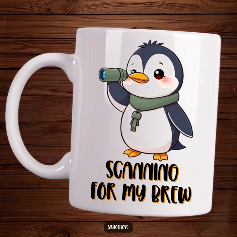 Funny mug featuring a determined penguin holding a spyglass, looking towards the horizon, conveying a sense of purpose and adventure.
