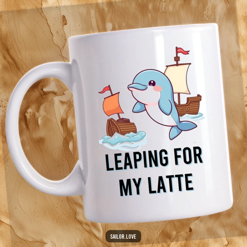 Funny mug featuring a playful dolphin leaping near a waving flag beside a tiny ship, capturing a moment of aquatic joy.