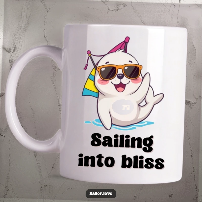 Funny seal mug featuring a joyful character in sunglasses adjusting a sail, depicting a fun nautical adventure and cool vibes.