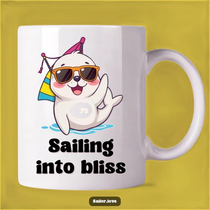 Funny Seal Sailor Mug: Joyful Sun-Kissed Character Adjusting Sail, Cool Gift