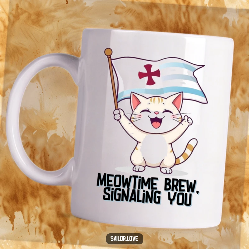 Funny Mug: A happy cat joyfully unfurls a large nautical flag with a pleased expression.