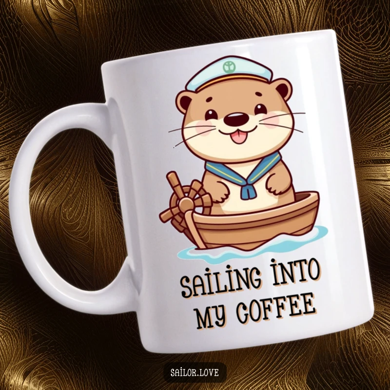 Funny mug featuring a cheerful otter wearing a sailor hat, happily steering a small boat, conveying joy and a love for the sea.