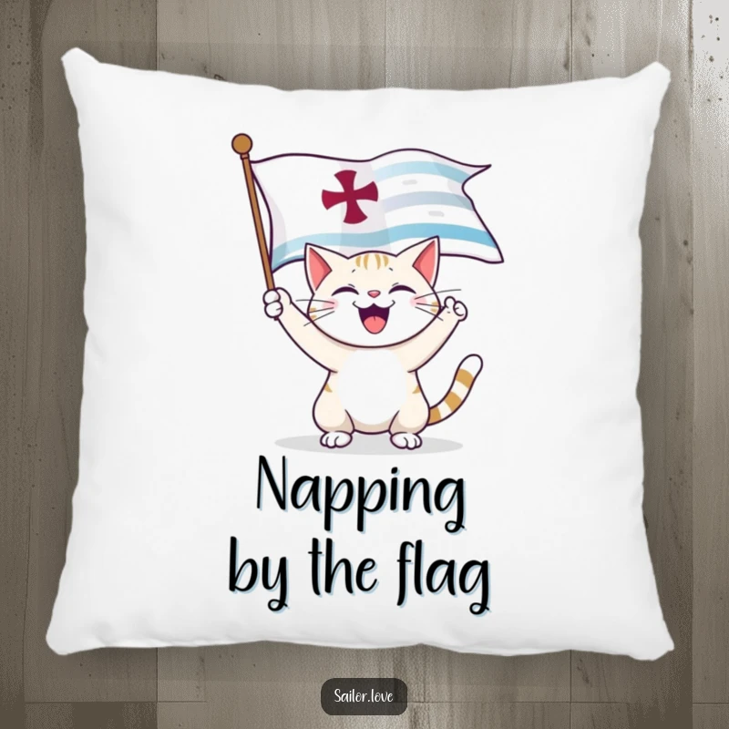 Funny Pillow: A soft pillow featuring a happy cat unfurling a nautical flag, offering cozy, humorous comfort.