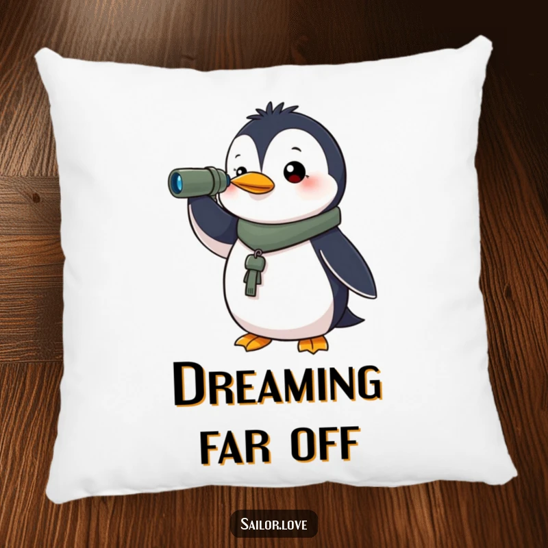 Funny pillow featuring a determined penguin holding a spyglass, looking towards the horizon, perfect for cozy explorer-themed decor.