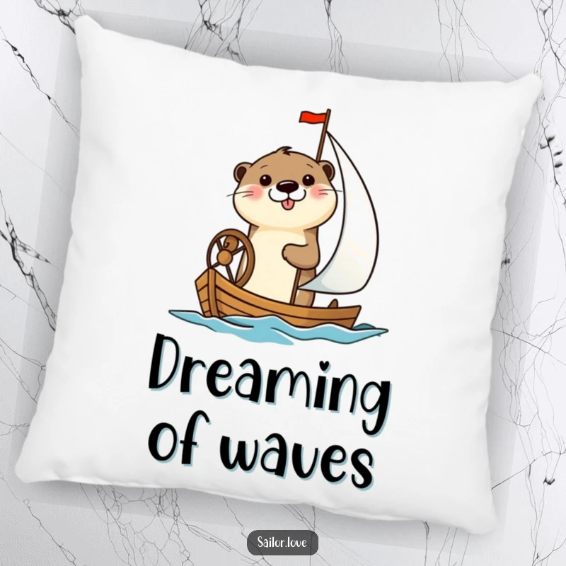 Funny pillow featuring a plush, cheerful otter happily steering a small sailboat, adding comfort and maritime-themed humor.