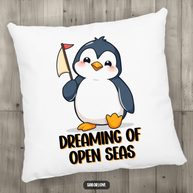 Funny penguin adjusting a tiny sail on a pillow, looking comfy and ready for a nautical snooze.