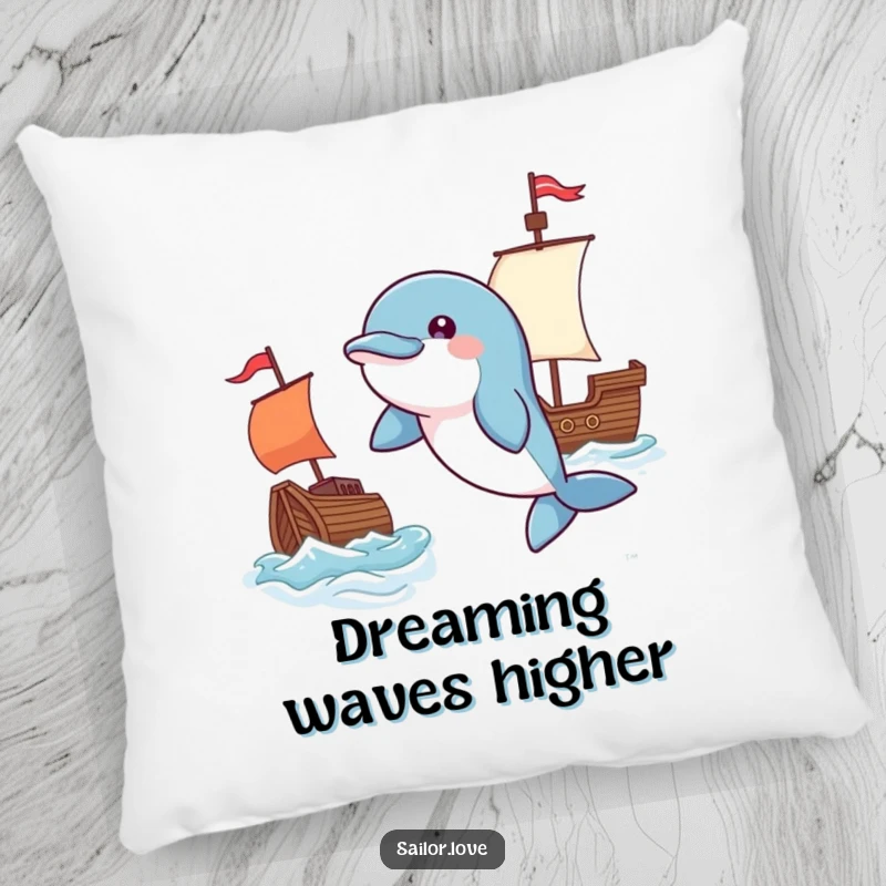 Funny pillow featuring a playful dolphin leaping near a waving flag and a tiny ship, perfect for cozy coastal decor.
