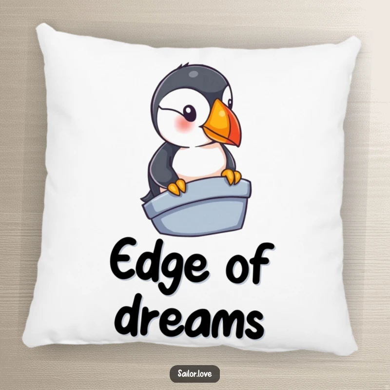 Funny puffin pillow featuring a curious bird peeking from a vessel's side, offering nautical charm and soft comfort.