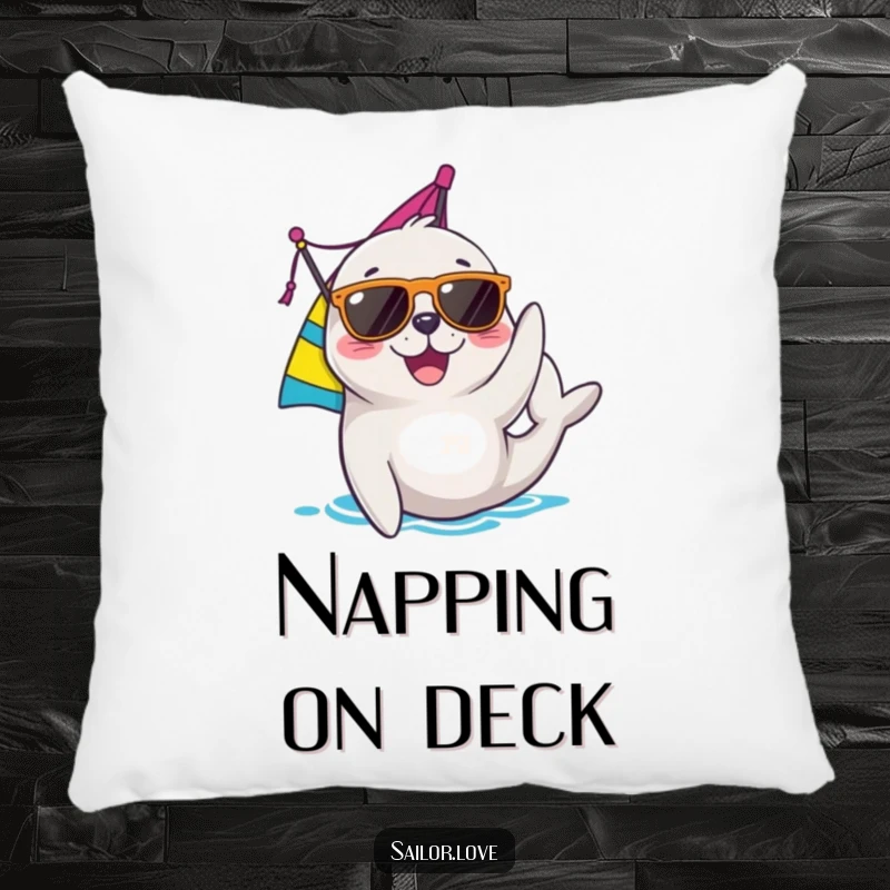 Funny seal pillow featuring a joyful character in sunglasses adjusting a sail, offering nautical comfort and cool decorative flair.