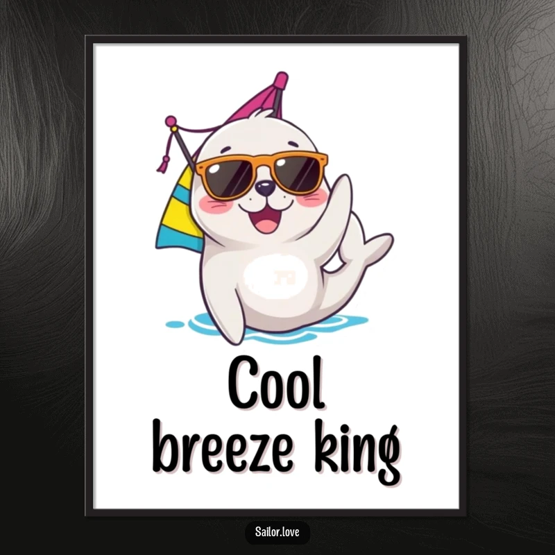 Funny seal digital art print of a joyful character in sunglasses adjusting a sail, ideal for instant nautical decor and sunny humor.