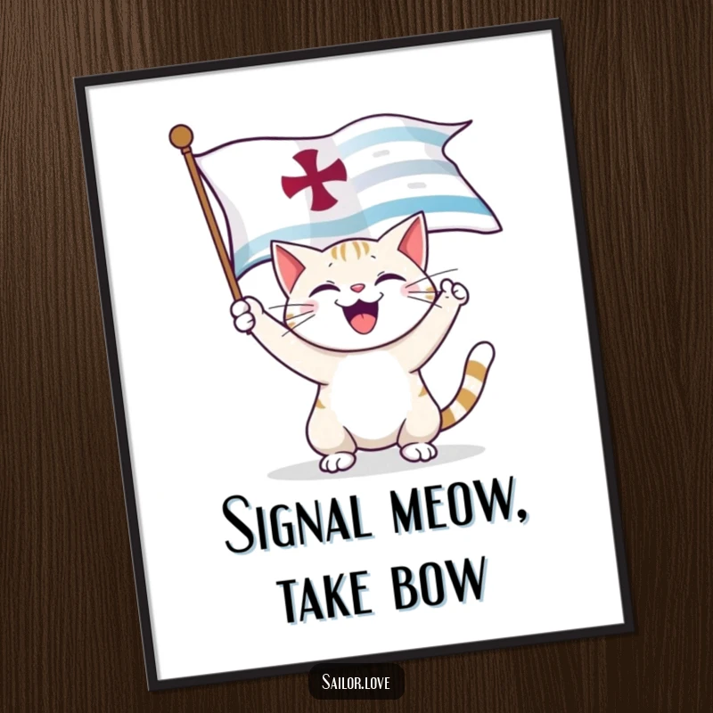Funny Digital Art Print: A happy cat unfurls a large nautical flag, capturing joyful maritime humor.