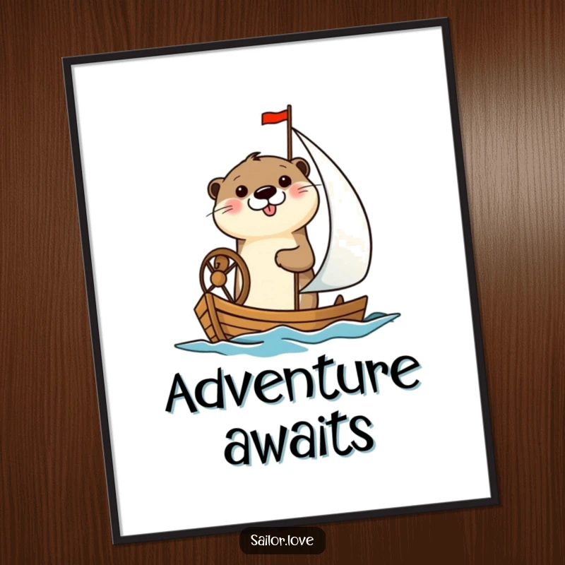 Funny digital art print of a cheerful otter happily steering a small sailboat, ideal for framing and displaying maritime humor.