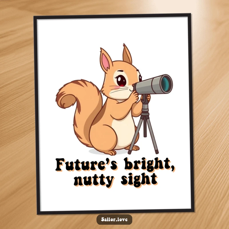Funny Digital Art Print: A curious squirrel peers through a telescope, scanning the horizon with humorous intent.