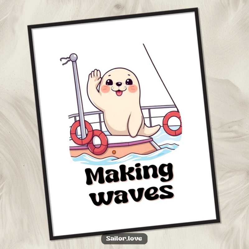 Funny digital art print of a happy seal saluting from the deck of a yacht, ideal for framing and displaying sophisticated humor.