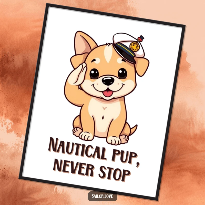 Funny Digital Art Print: A playful puppy dog in a sailor hat salutes, capturing adorable nautical humor.