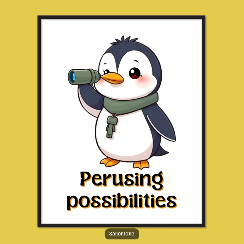 Funny Determined Penguin Digital Art - Spyglass Horizon Print, Instant Explorer Gift!