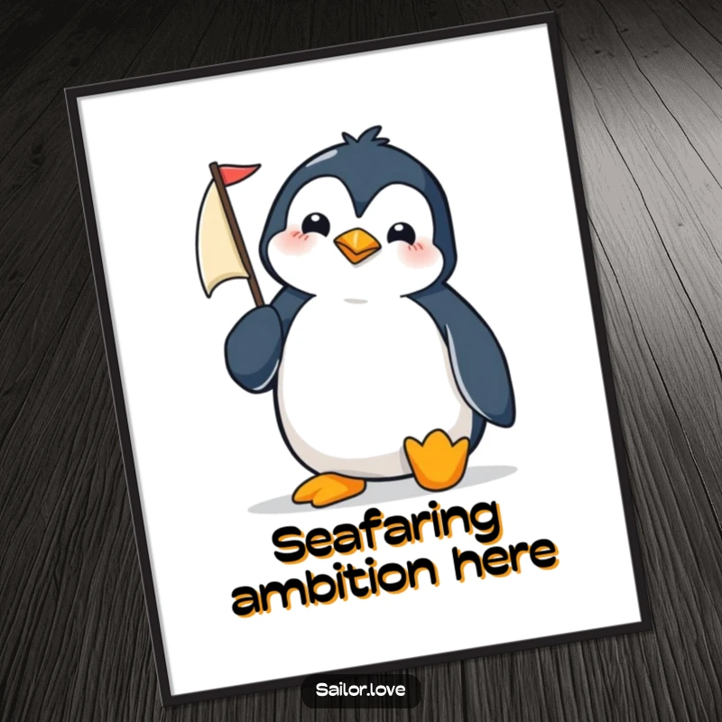 Funny penguin adjusting a tiny sail on a digital art print, conveying determination and seafaring spirit.