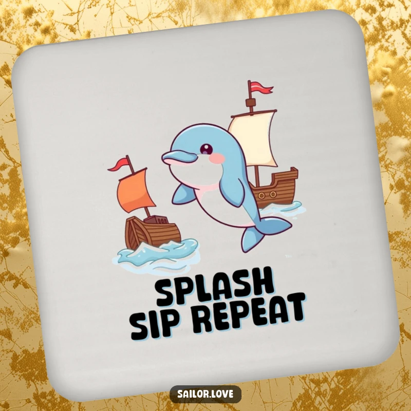 Funny drink coaster with a playful dolphin leaping near a waving flag and a tiny ship, perfect for adding nautical charm.