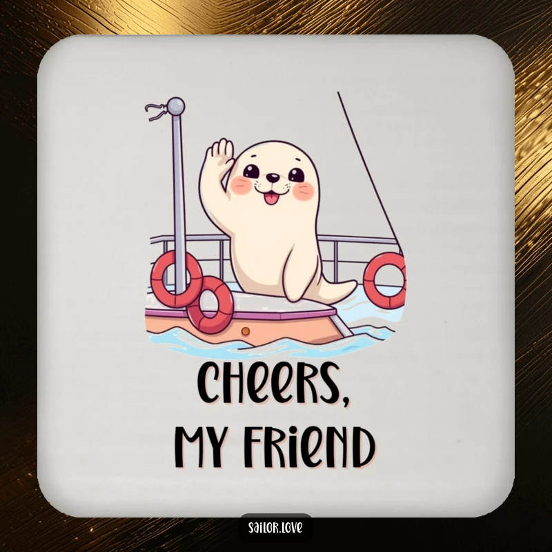 Funny coasters featuring a happy seal saluting from the deck of a yacht, protecting surfaces with sophisticated nautical humor.