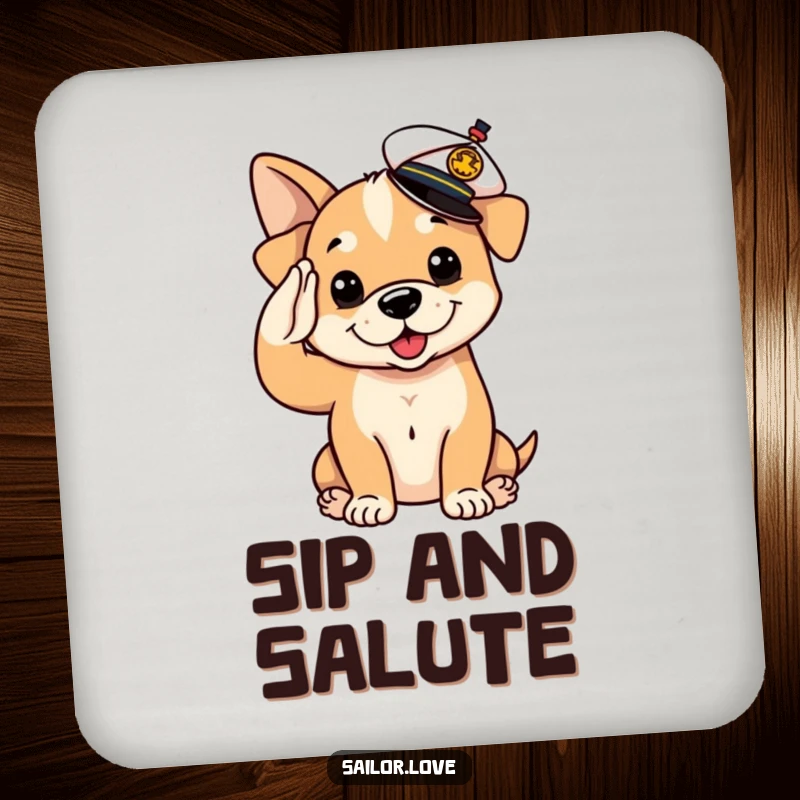 Funny Coaster: A cute puppy dog wearing a sailor hat salutes, offering humorous protection for your tables.