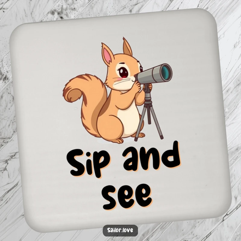 Funny Coaster: A curious squirrel uses a telescope to scan the horizon, offering humorous protection.