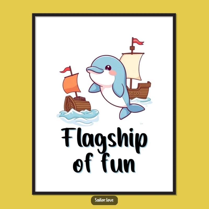 Funny Playful Dolphin Poster - Flag & Ship Art, Great Ocean Gift!