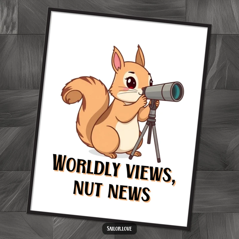 Funny Poster: A curious squirrel peers through a telescope, focusing intently on a distant horizon.