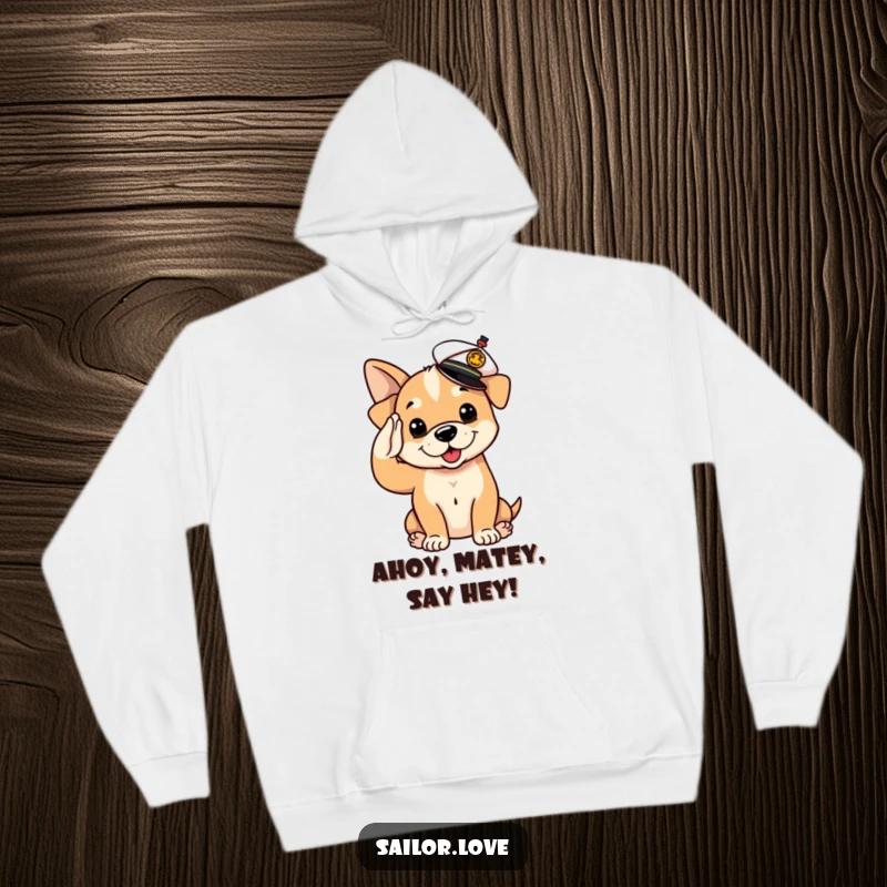 Funny Hoodie: A playful puppy dog in a sailor hat salutes adorably, offering cozy, humorous warmth.