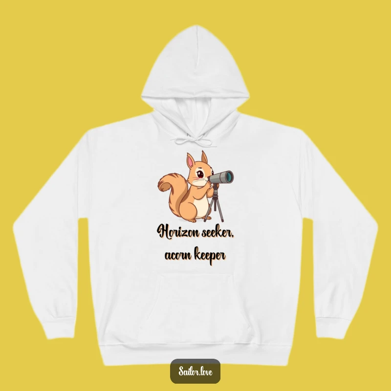 Cozy Funny Squirrel Explorer Hoodie: Warm Horizon Views, Hilarious Gift