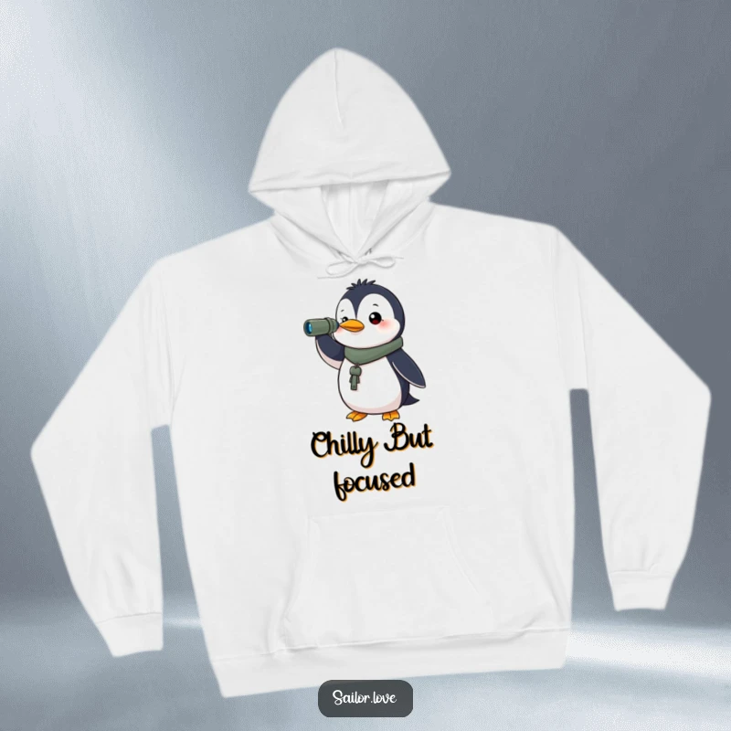 Funny hoodie featuring a determined penguin holding a spyglass, looking towards the horizon, ideal for cozy adventures and a focused mindset.