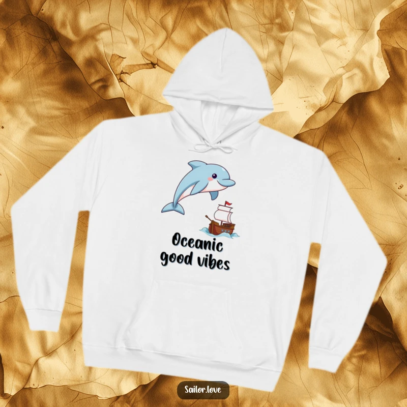 Funny smiling dolphin leaping near a tiny ship on a hoodie, radiating happiness.