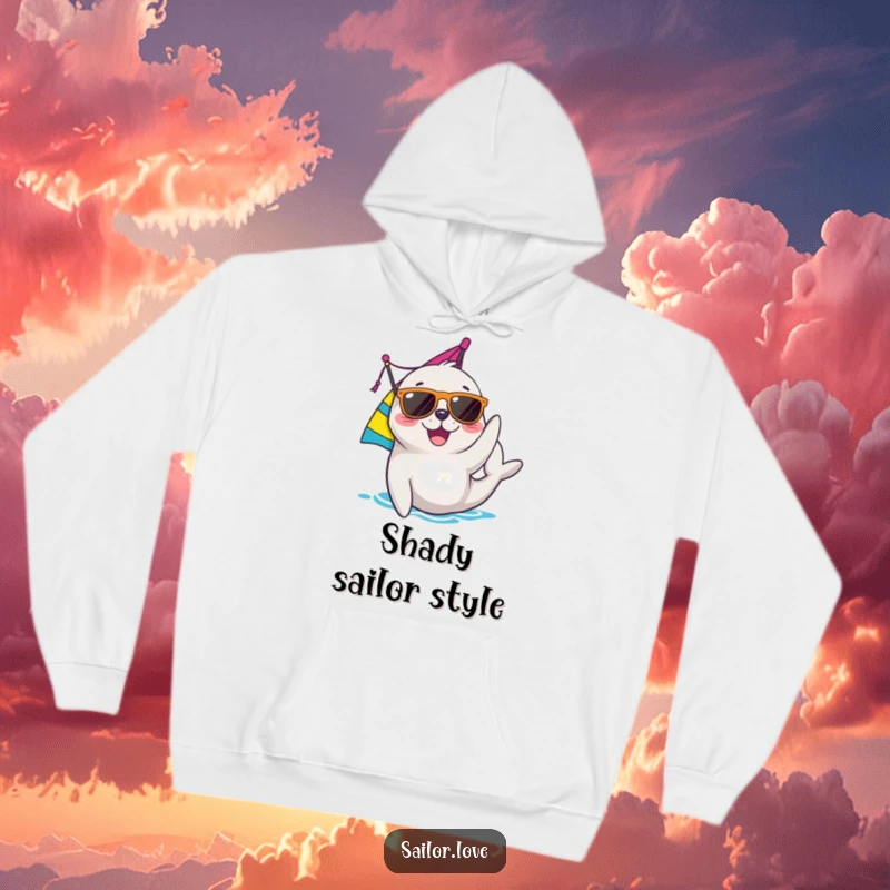 Funny seal hoodie featuring a joyful character in sunglasses adjusting a sail, offering cozy nautical vibes and a cool look.
