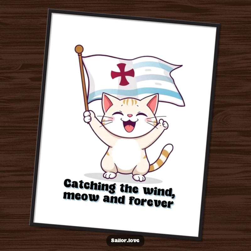 Funny Free Printable Wall Art of a happy cat joyfully unfurling a large nautical flag, exuding a sense of celebration and fun.