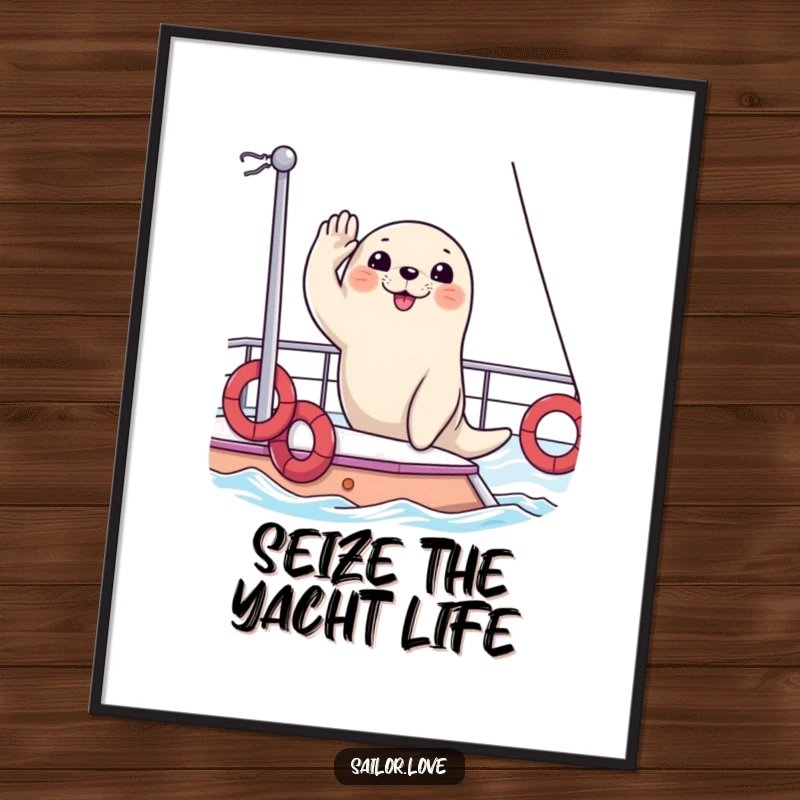 Funny Free Printable Wall Art: A happy seal stands on a yacht deck, giving a formal salute against a nautical backdrop.