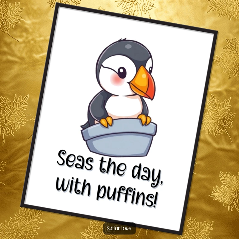 Funny Free Printable Wall Art: Curious puffin looking over the edge of a small boat, whimsical nautical decor.