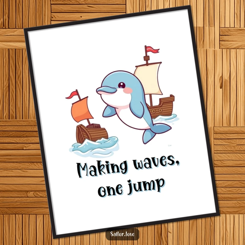 Funny Free Printable Wall Art: A playful dolphin leaps near a waving flag by a tiny ship, capturing the ocean's energetic spirit.