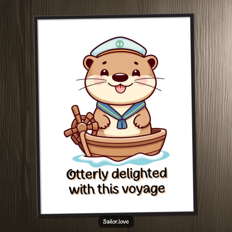 Funny Free Printable Wall Art: A cheerful otter in a sailor hat happily steers a small boat, bringing a touch of sea-faring humor.
