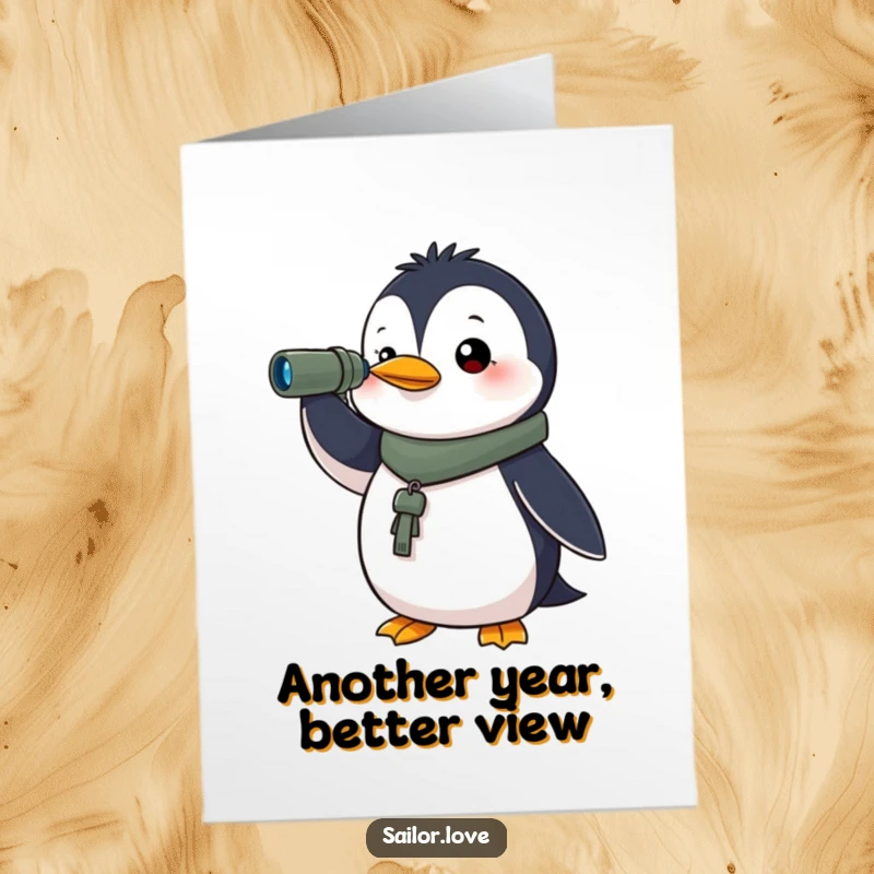 Funny Free Printable Birthday Card: A determined penguin with a spyglass scans the horizon, ready for birthday adventures.